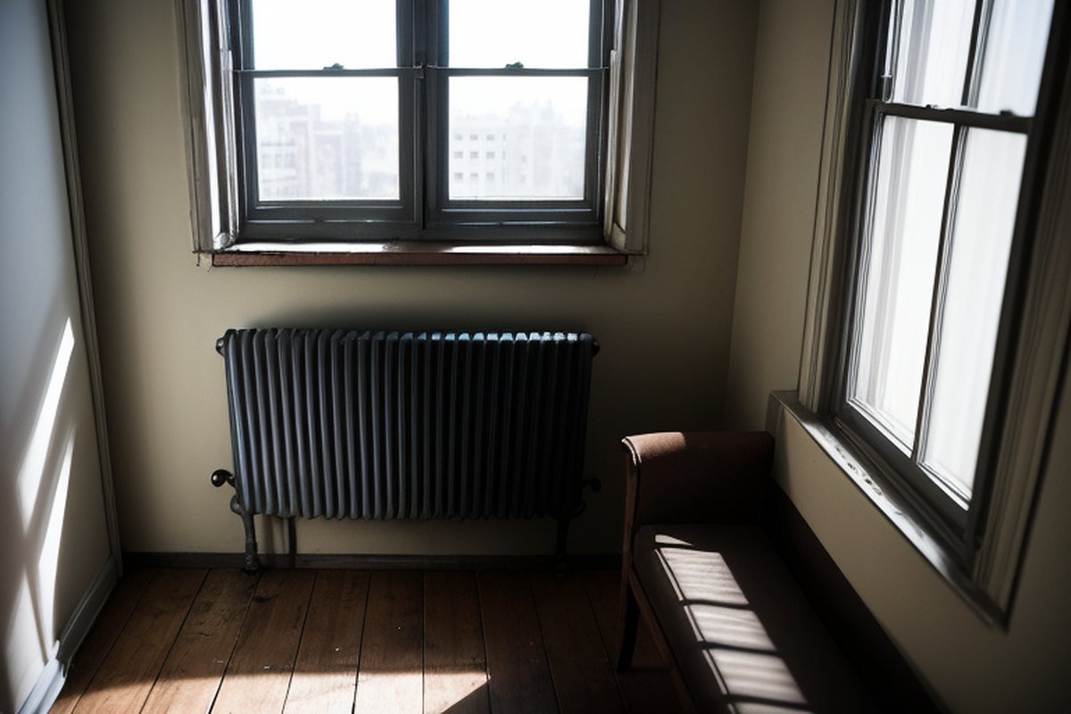 Cast iron radiator under a window in a sunlit room with a wooden floor and a bench