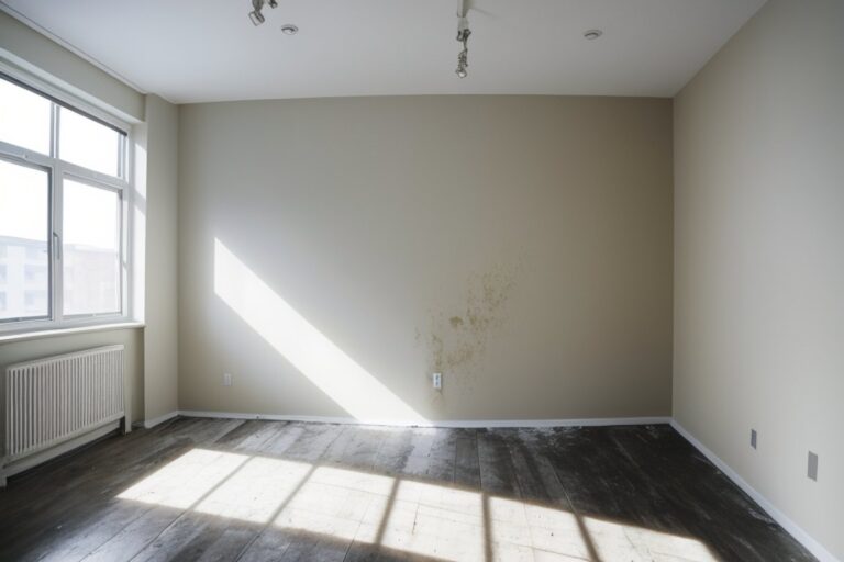 Empty bright room with a window, a radiator and a dark patch of mould on the wall